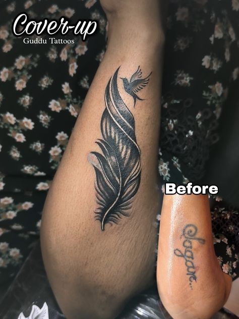 Cover-up tattoo ideas Feather Tattoo Design Cover Up, Name Tattoo Cover Up Ideas For Women, Name Cover Up Tattoos For Men Guys, Feminine Cover Up Tattoos, Word Cover Up Tattoo, Name Tattoo Cover Up Ideas, Hand Cover Up Tattoos, Cover Up Name Tattoos, Hand Tattoo Cover Up