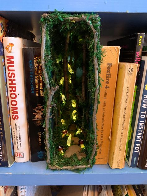 Book Nook Ideas Forest, Diy Forest Book Nook, Book Nook Shelf Insert Diy Tutorial, Diy Book Nook Shelf Insert, Booknook Shelf Insert, Forest Book Nook Shelf Insert, Forest Book, Recycled Book, Magic Forest