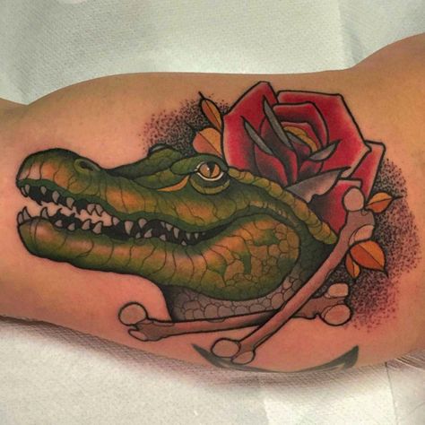 Traditional Crocodile Tattoo, Traditional Tattoo Cover Up, Traditional Tattoo Reference, Alligator Tattoo, Crocodile Tattoo, Gear Tattoo, Taboo Tattoo, Tattoo Apprenticeship, Traditional Tattoo Sleeve