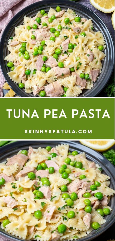 Tuna Pea Pasta – Skinny Spatula Tuna Peas Pasta, Tuna Pea Pasta Salad, Canned Tuna Pasta, Easy Tuna Recipes, Healthy Pasta Bake, Pasta Recipes For Kids, Creamy Tuna Pasta, September Travel, Pea Pasta