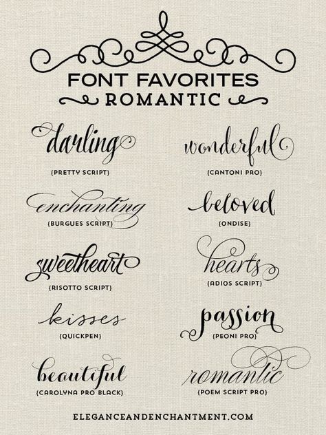 A collection of romantic inspired fonts from Elegance and Enchantment. Perfect for Valentine's Day projects, blogging, crafts and more! Tattoo Diy, Tattoo Fonts Cursive, Diy Tattoo, Tattoo Feminina, Cricut Fonts, Trendy Tattoos, Calligraphy Fonts, Tattoo Fonts, Typography Fonts