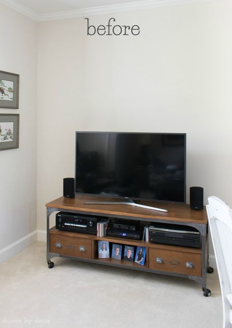 "Before" pic of the space above our TV and media console - post includes the decorated "after"! Tv On Wall Between 2 Windows, Mantel Above Tv Stand, Art Work Above Tv, Mounted Tv Styling, Tv Top Shelf, Floating Shelves Living Room Above Tv, Floating Shelves Over Tv Living Rooms, Wall Decor Behind Tv Stand, Shelf Over Tv Bedroom