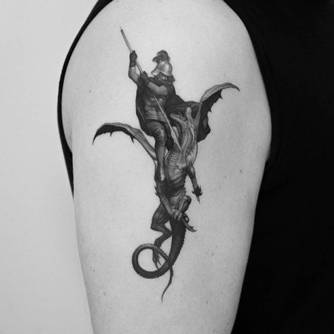 Saint George and the Dragon. George Tattoo, Emo Tattoos, Geometry Abstract, Saint George And The Dragon, Knight Tattoo, Architecture Tattoo, Tattoo Project, Real Tattoo, Baby Tattoos