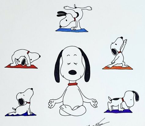 Stretching Cartoon, Snoopy Yoga, Cute Yoga Cartoon, Meditating Cartoon, Meditation Cartoon, Snoopy Doing Yoga, Puppy Yoga Aesthetic, Snoopy Aesthetic, Wine Yoga