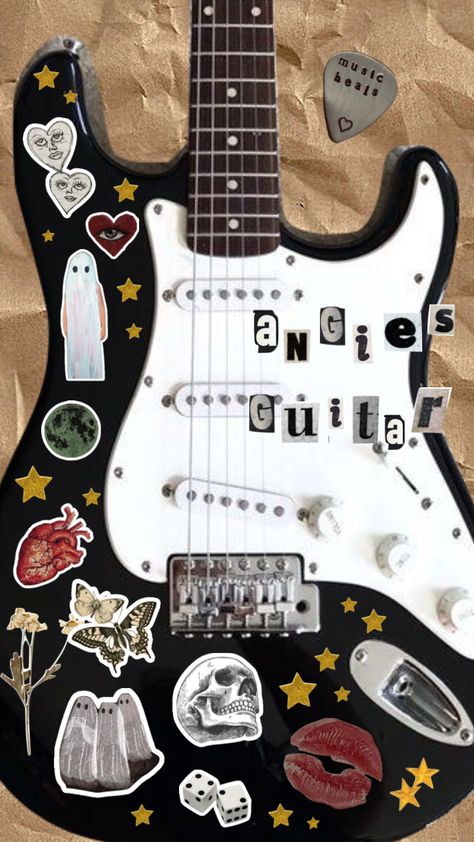 decorated a guitar #music #guitar #moodboard #aesthetic Black Electric Guitar With Stickers, Electric Guitar Sticker Aesthetic, Electric Guitar Decor, Acoustic Guitar Decoration, Decorated Guitars Stickers, Decorated Electric Guitar, Guitar With Stickers Aesthetic, Decorated Acoustic Guitar, Electronic Guitar Aesthetic