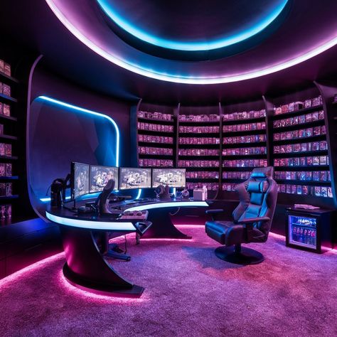 Rich Gaming Room, Gaming Room Concept, Huge Gaming Room, Expensive Gaming Setup, Desk With Multiple Monitors, Futuristic Gaming Room, Gaming Room Interior Design, Gaming Room Interior, Luxury Gaming Room