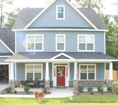 Carolina new construction home tour Light Blue House Exterior, Light Blue House, Light Blue Houses, Red Door House, Blue Siding, Red Front Door, Exterior House Color, House Front Door, House Siding