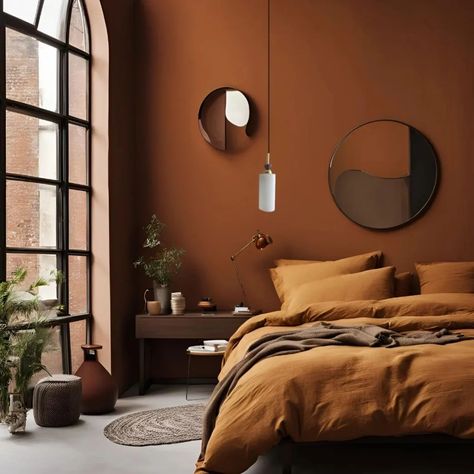 UNE CHAMBRE A COUCHER TERRACOTTA - Une couleur forte qui donne du caractère à la décoration d'intérieur. 💟SWIPEZ POUR LA VOIR DE PRÉS 💟 Une teinte chaleureuse et actuelle. ❤️Et pour parfaire cette jolie déco, deux jolies suspensions en opaline, bois et laiton pour un univers unique et contemporain. Car oui ces luminaires sont uniques comme le sont mes créations mais là. Il n'y en aura seulement 2 en stock. Vous aimez ? Ces produits ne sont pas encore sur le site internet. Mais d'autres produ... Site Internet, Lyon, Aura, Sweet Home, Bedroom, Home Decor, Design, Home Décor