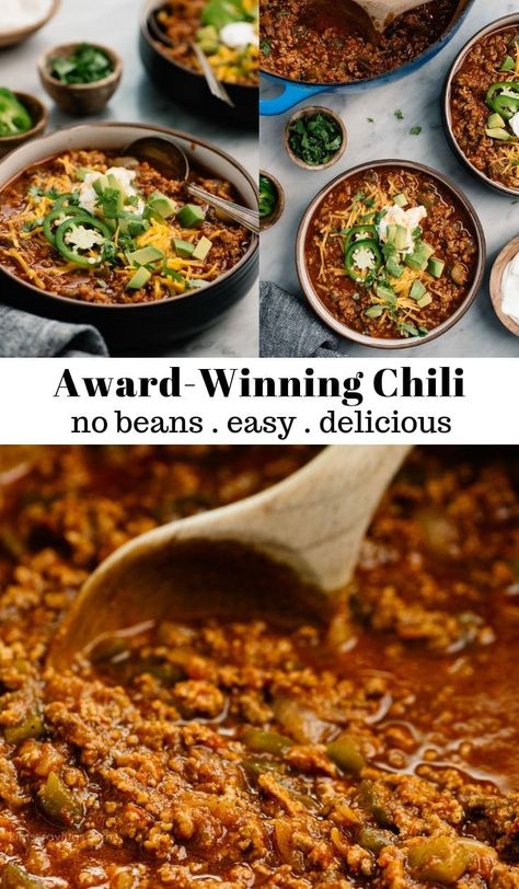 Beanless Chili Recipe, Winning Chili Recipes, Award Winning Chili Recipe, Award Winning Chili, Beef Chili Recipe, Classic Chili, Bean Chili Recipe, Ground Beef Recipes Healthy, Best Chili Recipe