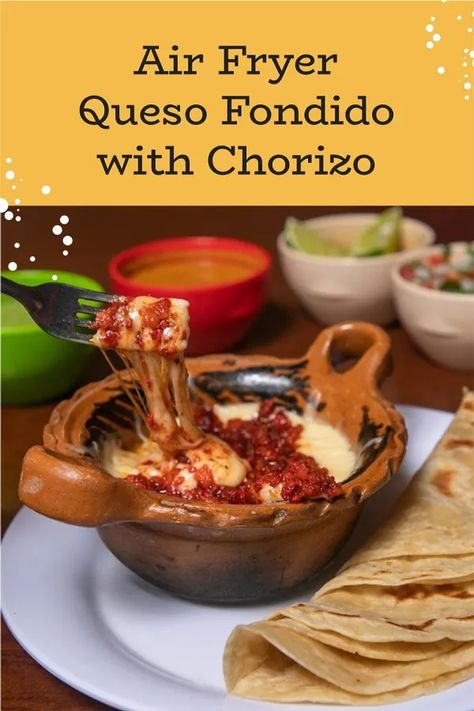 Air Fryer Queso Fundido with Chorizo - Magic Skillet Easy Mexican Dip, Queso Fundido With Chorizo, Appetizers Mexican, Queso Flameado, Mexican Easy, Mexican Dip Recipes, Dip Appetizers, Frozen Shrimp Recipes, Mexican Burger