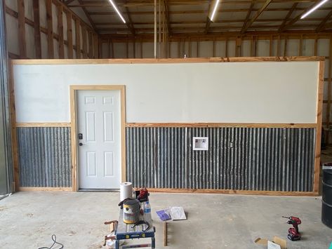 Galvanized Tin Walls Garage, Tin Half Wall, Galvanized Wall Ideas, Tin On Walls Ideas, Barn Tin Wall, Galvanized Tin Walls, Metal Wainscoting, Staircase Accent Wall, Tin Wainscoting