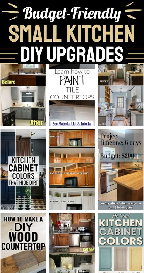 Ready for a kitchen makeover but you're on a budget? Check out this list of Budget-Friendly Small Kitchen DIY Upgrades - painting cabinets, extending cabinets to ceiling, DIy countertops, kitchen cabinet colors that hide dirt plus LOTS of before and after kitchen makeover pictures! Apartment Kitchen Cabinets Makeover, Tiny Kitchen Remodel Before And After, Kitchen Makeover Before And After, Cabinets To Ceiling Diy, Extending Cabinets To Ceiling, Small Kitchen Makeover Ideas, Old Kitchen Cabinet Makeover, Kitchen Cabinet Diy, Small Kitchen Pictures