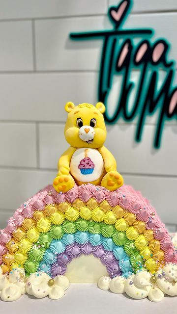 Rainbow Teddy Bear Cake, Happy Birthday Care Bears, 1st Birthday Cake For Girls Simple, Rainbow Shaped Birthday Cake, Care Bear Birthday Cake Ideas, Rainbow Shape Cake, Carebear Birthday Cake, Care Bears Cake Ideas, Care Bear Cake Ideas