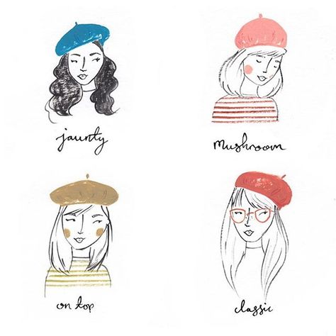 Anyone else obsessed with berets at the moment? Apparently they’re back in fashion. Were they ever not in fashion?? There is a little illustrated how to were a beret guide over on my blog. (Link in my stories) Just an excuse to draw lots of berets really.👩🏻‍🎨 #illustration #gouache #painting #indianink #beret #frenchstyle #treschic #fashionillustration #bretonstripes  #Regram via @Bb4Avjvl1kx Illustration by Emma Block Beret Illustration, Baret Outfit, Beret Outfits, How To Wear A Beret, Emma Block, Beret Outfit, Hat Illustration, Beret Fashion, Paris Illustration