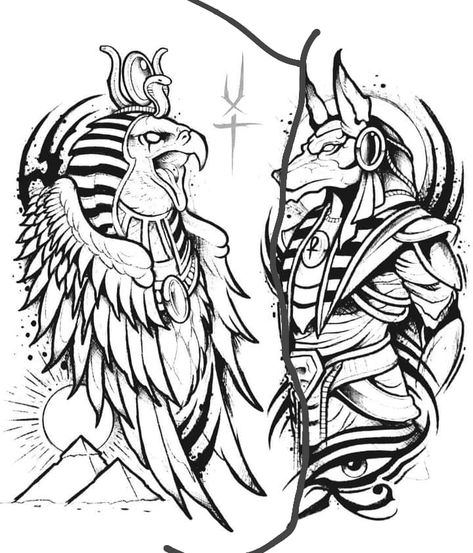 Ra Tattoo Egyptian, Anubis Drawing, Egypt Tattoo Design, Chest Tattoo Stencils, Chest Tattoo Drawings, Half Sleeve Tattoo Stencils, Egyptian Tattoo Sleeve, Anubis Tattoo, Lion Tattoo Sleeves