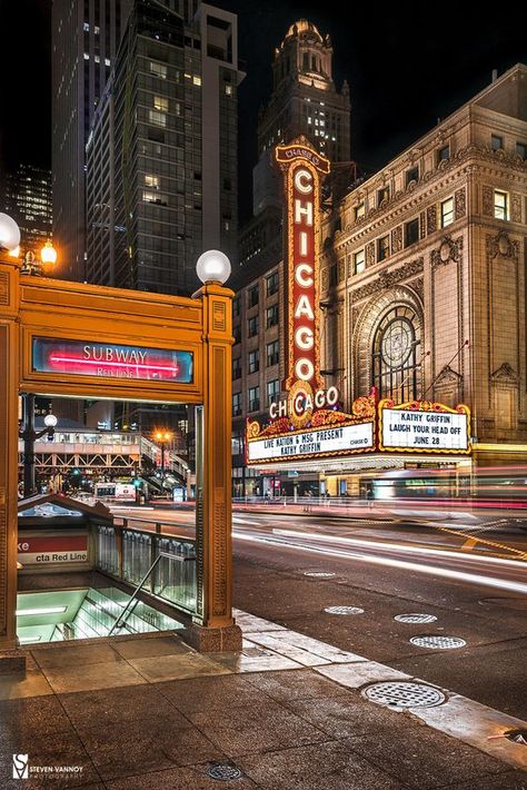 Chicago NOW & THEN | The Chicago Theatre was among the earliest theaters in the nation to be built in Rapp and Rapp's signature Neo-Baroque French-revival style | Facebook Chicago Street Photography, Chicago Night Aesthetic, Branding 2023, Aesthetic Frames, Street Scape, March Aesthetic, Chicago Wallpaper, Chicago Theatre, Chicago Night