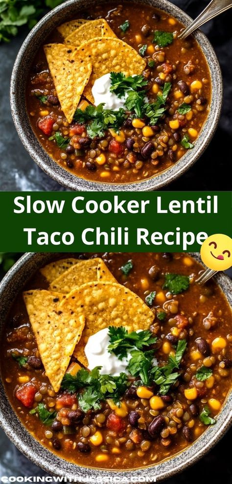 Looking for a hearty and flavorful dinner? This Slow Cooker Lentil Taco Chili is one of the best easy dinner recipes, combining spices and lentils for a satisfying meal your family will love on busy nights. Chili Meals, Flavorful Chili Recipe, Taco Chili Recipe, Taco Chili, Lentil Tacos, Slow Cooker Lentils, Lentils Beans, Lentil Chili, Hearty Chili