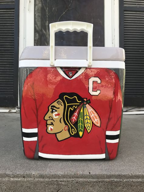 Painted fraternity cooler | frat formal cooler | hockey jersey | Chicago Blackhawks Frat Cooler Hockey, Painted Ice Chest, Painted Fraternity Coolers, Frat Formal, Fraternity Cooler, Formal Cooler Ideas, Mountain Weekend, Fraternity Coolers, Formal Cooler