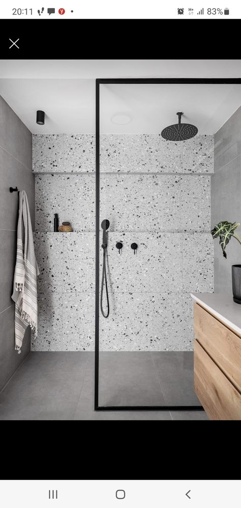 Terrazzo Tiles Bathroom Design, Grey Speckled Tiles Bathroom, Terrazzo Shower Room, Grey Terrazzo Bathroom Design, Gray Terrazzo Bathroom, Terazzo Bathroom Interior Design, Terrazo Tile Bathroom Ideas, Grey Terrazzo Bathroom, Terrazzo Bathroom Design