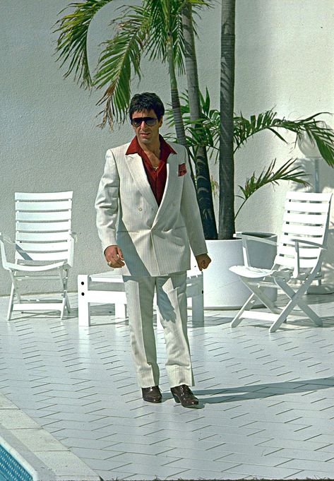 Tony Montana Suit, Scarface Suit, Scarface Aesthetic, Mafia Movies, Double Breasted Pinstripe Suit, Scarface Movie, Back To Business, Tony Montana, Goodfellas