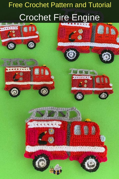 Crochet Fire Truck Free Pattern, Crochet Car Applique Free Pattern, Fire Truck Crochet, Crochet Truck Applique Free Pattern, Crochet Truck Pattern Free, Crochet Fire Truck, Crochet Vehicles, Truck Crochet Pattern, Crochet Fire