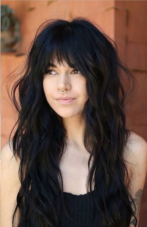 Doesn't this make you want to have bangs? #bangs #longhair #shag Long Textured Layers With Curtain Bangs, Medium Length Haircut For Thinning Wavy Hair, Long Layered Boho Hair, Dark Shag With Highlights, 2023 Haircut Ideas, Long Dark Hair With Fringe Bangs, Long Haircut With Layers Bangs, 2024 Womens Long Hair Trends, Long Choppy Shag With Bangs