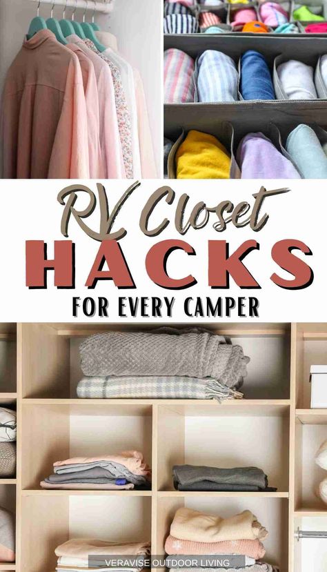 Rv Closet Organization Ideas, Rv Packing Hacks, Rv Wardrobe Storage Ideas, Rv Closet Ideas, Camper Closet Organization, Storage Ideas For Campers, Camper Closet Storage Ideas, Rv Clothing Storage Ideas, Rv Closet Remodel