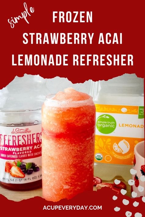 Simple Frozen Strawberry Acai Lemonade Refresher show in a tall glass. Frozen Strawberry Açaí Lemonade, How To Make A Strawberry Acai Refresher With Lemonade, Strawberry Frozen Drinks, Copycat Strawberry Acai Refresher, Homemade Strawberry Acai Lemonade, Starbucks Strawberry Acai Refresher With Lemonade Recipe, Frozen Strawberry Acai Starbucks, Acai Drink, Strawberry Lemonade Acai