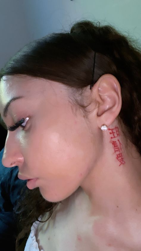 Chinese Tattoo in Red ink colour on neck Chinese Red Ink Tattoo, Behind Ear Tattoo Men Chinese, Neck Red Tattoo, Behind The Ear Tattoo Ideas Red Ink, Neck Chinese Tattoo, Chinese Tattoo On Neck, Red Tattoo Neck, Red Ink Neck Tattoo, Red Chinese Tattoo