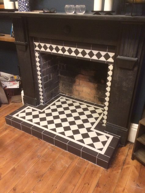 Fireplaces and Fire Surrounds - Alternative Tiles Tiled Fireplace Surround, Craftsman Style Fireplace, Empty Fireplace Ideas, Empty Fireplace, Fireplace Hearth Tiles, Victorian Fireplace Tiles, 1930s Semi, Log Burner Living Room, Tiled Fireplace