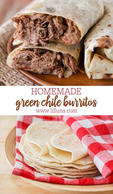 The easiest Green Chile Burritos require just a few ingredients, including a seasoned chuck roast and 505 green chile sauce. #greenchileburritos #greenchile #burritos #mexicanfood #crockpot #easydinner Green Chile Picadillo And Pinto Beans, Chilli Burritos, Roast Beef Burritos, Green Chile Burritos, Green Chili Burritos, Chili Burritos, Chili Breakfast, Pork Burritos, Farmhouse Recipes