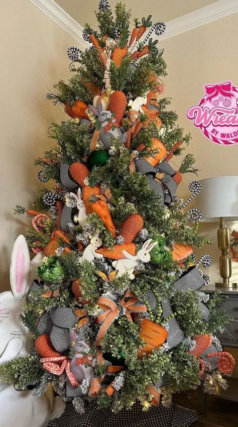 an Easter tree with carrots, bunnies and bows is a cool idea for a rustic space, and you can make it easily Spring Christmas Tree Ideas, Easter Christmas Tree Ideas, Valentines Day Tree Ideas, Valentines Tree Decorations, Easter Mantel Decorating Ideas, Rustic Easter Decor Ideas, Easter Tree Ideas, Easter Christmas Tree, Spring Christmas Tree