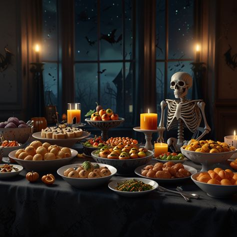 A buffet table overflowing with spooky-themed food and drinks, 8k, photorealistic Halloween Food Table Display, Halloween Buffet Decor, Event Food Display, Halloween Buffet Table, Buffet Halloween, Food Display Table, Halloween Buffet, Buffet Table Decor, Themed Food