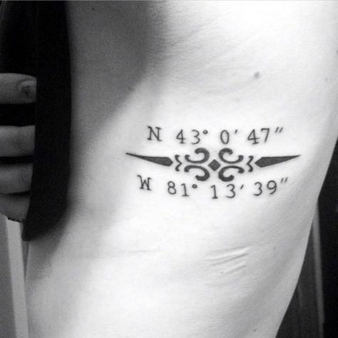 coordinates tattoo Ideas to Mark a Memory on Body (31) Gps Coordinates Tattoo, Latitude Longitude Tattoo, Tattoo Coordinates, Coordinate Tattoo Ideas, Lake Tattoo, Anniversary Tattoo, Coordinates Tattoo, Tier Tattoo, New Tattoo Designs