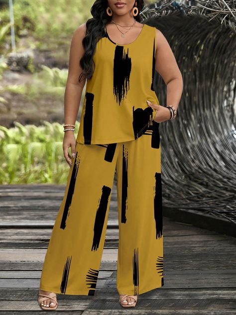 Women's Plus Size Summer Casual 2 Pieces Set, Round Neck Sleeveless Top And Shorts Yellow Casual    Colorblock,Graphic,Striped  Medium Stretch  Women Plus Clothing, size features are:Bust: ,Length: ,Sleeve Length: Short And Top Set Two Pieces, Palazzo Trouser And Top, Trousers Outfit For Women, Trouser And Top For Ladies, Trouser And Top, Classy Plus Size Outfits, Plus Size Summer Casual, Casual Dresses Plus Size, 2piece Outfits