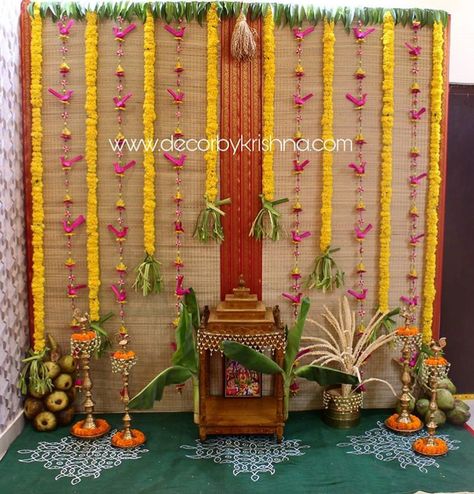 Sathyanarayana Swamy, Leaf Decor Wedding, Mandir Decoration, Simple Stage Decorations, Home Flower Decor, Ganpati Decoration At Home, House Warming Ceremony, Housewarming Decorations, Ganpati Decoration Design