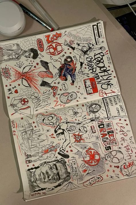 Spiderman Spiderverse Drawing, Miles Sketchbook Page, Mile Morales Sketchbook, Spiderman Into The Spiderverse Miles Morales, Spiderman Line Drawing, Spiderman Page Sketchbook, Spiderman Drawing Aesthetic, Space Fillers Sketchbook, Spiderman Aesthetic Drawing