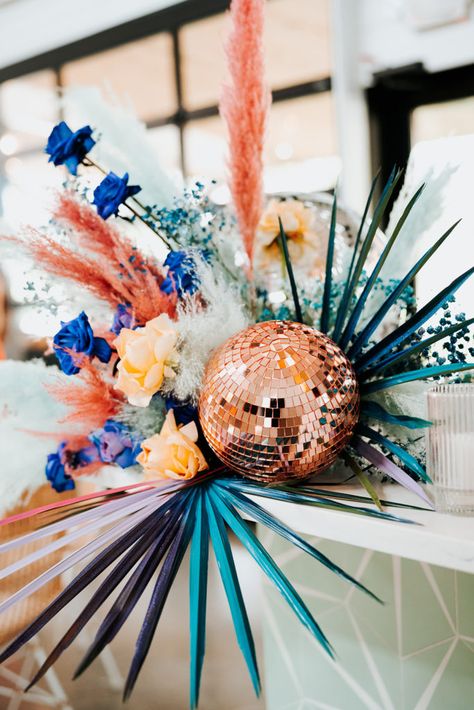 Disco Cowgirl Flower Arrangements, Tropical Disco Centerpiece, Blue Disco Wedding, Country Disco Wedding, Desert Disco Party, Disco Cowgirl Wedding, Disco Thanksgiving, Disco Boho Wedding, Disco Ball Centerpiece