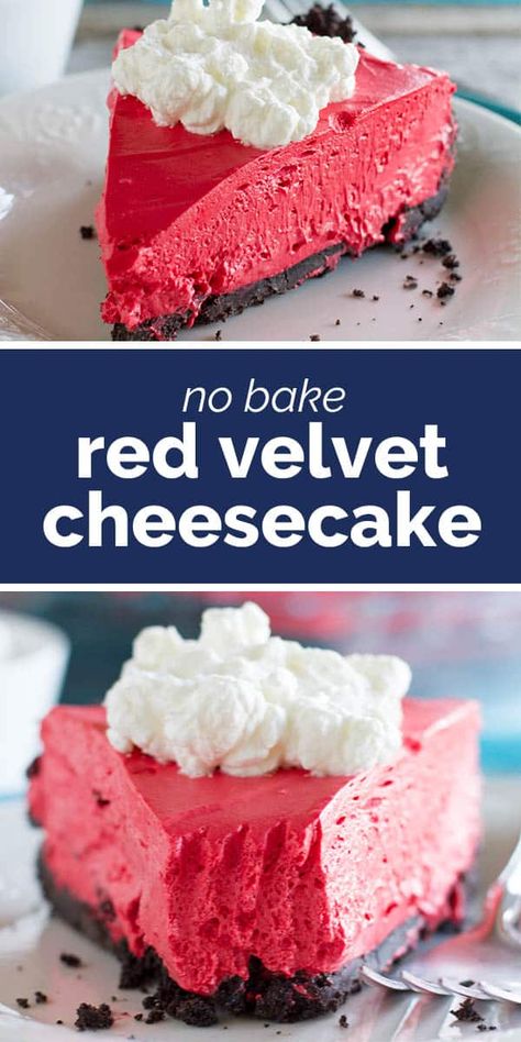 Love cheesecake but want something a little easier? This No Bake Red Velvet Cheesecake has a cookie crust and red velvet flavored cheesecake filling. Keto Red Velvet Cheesecake, Red Velvet No Bake Cheesecake, No Bake Red Velvet, Flavored Cheesecake, Velvet Recipes, Cheesecake Pie Recipes, Mini Cheesecake Bites, Red Velvet Desserts, Red Velvet Recipes