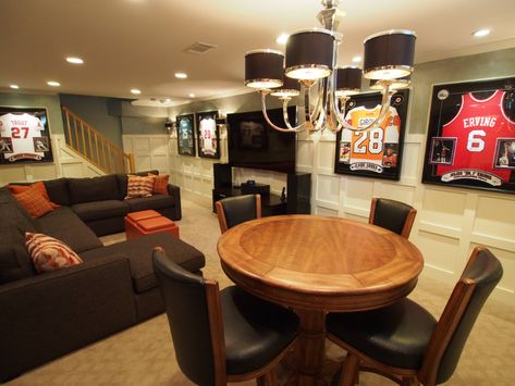 Sports Basement - Transitional - Basement - New York - by All Trades Contracting, Inc | Houzz Sports Theme Basement Ideas Decor, Sports Basement Ideas Man Caves, Football Man Cave Ideas Basement, Basement Sports Room, Finished Basement Sports Theme, Sports Theme Basement, Vintage Sports Bar Basement, Mancave Basement Sports Best Man Caves, Transitional Basement