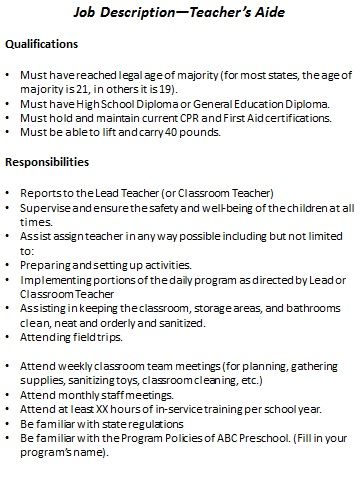 Preschool Job Description Resource Templates Daycare Teacher Job Description, Lead Teacher Responsibilities, Preschool Teacher Assistant Duties, Teacher Assistant Duties, Classroom Duties, Daycare Paperwork, Preschool Teacher Tips, Childcare Facility, Preschool Building