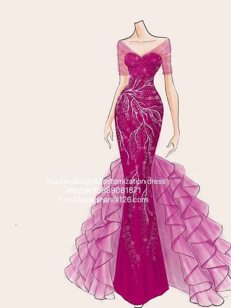 Evening Dress Drawing, Gradation Design Dress Illustration, Party Dress Drawing, Party Dress Illustration, Onam Outfits, Wedding Cheongsam, Fashion Show Themes, Evening Dress Wedding, Fashion Illustration Tutorial