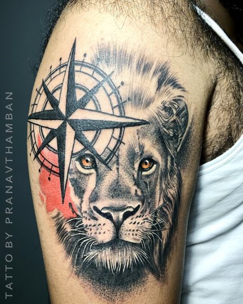 Lion Compass Tattoo Men, Lion And Compass Tattoo Design, Lion Compass Tattoo Design, Lion With Compass Tattoo, Lion And Compass Tattoo, Lion Compass Tattoo, Bb Tattoo, Lion Shoulder Tattoo, Barber Logo