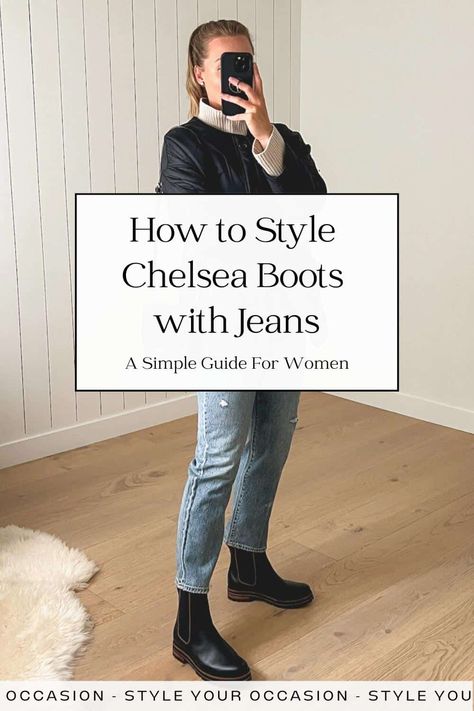 How to Wear Chelsea Boots with Jeans: A 2024 Guide For Women Chelsea Boots And Jeans, Black Chelsea Boots Outfit Women, Flat Boots Outfit, Chelsea Boots With Jeans, Black Chelsea Boots Outfit, How To Style Chelsea Boots, Chelsea Boot Outfits Women, Black Ankle Boots Outfit, Chunky Boots Outfit