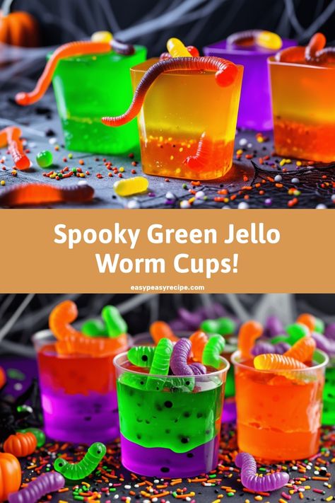 Colorful Jello cups filled with gummy worms and Halloween-themed sprinkles on a spooky background. Quick Sweets, Green Jello, Jello Cups, Easy Zucchini Recipes, Candy Eyeballs, Pot Recipes Healthy, Easy Peasy Recipes, Homemade Birthday Cakes, Halloween Creepy