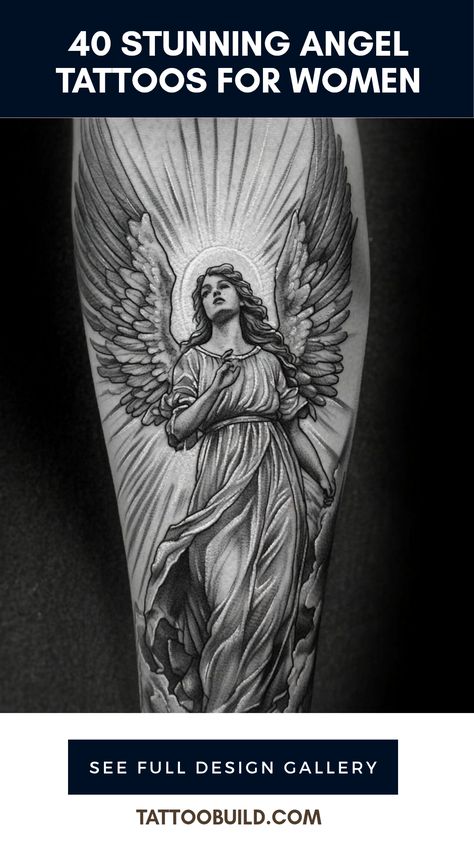 Explore a collection of 40 beautiful angel tattoos specially curated for women, combining artistic flair with deep meaning, including spiritual and protective symbolisms in a powerful tattoo choice. Realistic Angel Tattoo, Angel Tattoos For Women, Realistic Angel, Angel Tattoo Ideas, Angel Back Tattoo, Guardian Angel Tattoo Designs, Angel Tattoo For Women, Celestial Angel, Fallen Angel Tattoo