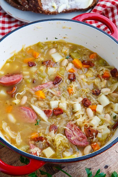 Kielbasa Sauerkraut Soup Kielbasa Sauerkraut, Bacon Beans, Soup With Bacon, Sauerkraut Soup, Sauerkraut Recipes, Cabbage Soup, Kielbasa, Chicken Alfredo, Soup And Sandwich