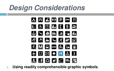 Design Considerations  3.  Using readily comprehensible graphic symbols. Pictograms Design, Graphic Symbols, Architecture Symbols, Pictogram Design, Park Signage, Map Symbols, Map Icons, Federal Government, Communication Design