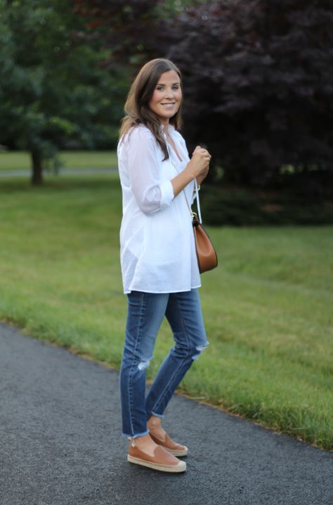 White Summer Tunic Blouse, Distressed Jeans, Tan Leather Espadrille Flats, Tan Chain Strap Crossbody Bag, Loft, Joe's Jeans, Soludos 2 Leather Espadrilles Outfit, Outfit With Espadrilles Flats, Women Espadrilles Outfit, Tan Espadrilles Outfit, Summer Tunic Outfits, Flat Espadrilles Outfit Summer, Espadrilles Outfit Jeans, Jeans And Espadrilles Outfit, Espadrilles Flats Outfit