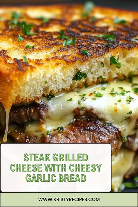 Upgrade your grilled cheese with steak and cheesy garlic bread! This mouthwatering sandwich combines rich flavors and crispy textures. A must-try for sandwich lovers. #SteakLovers #GrilledCheese #CheeseLovers #GarlicBread #SandwichPerfection #Foodie Grilled Steak And Cheese Sandwich, Grilled Cheese Steak Sandwich, Parm Crusted Grilled Cheese, Steak And Cheese Appetizer, Grilled Steak Sandwich Recipes, Garlic Bread Steak Sandwich, Leftover Steak Sandwich Recipes, Grilled Cheese With Meat, Ribeye Steak Sandwich Recipes